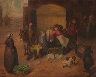 2100
19th Century Dutch School
Tavern scene with animals
Oil on panel
Unsigned
14" H x 16.75" W
Estimate: $700 - $900