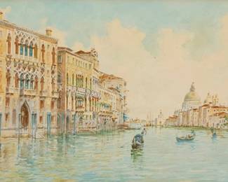 2132
Rafael Senet y Pérez
(1856-1926)
"Venice"
Watercolor on paper
Signed, partially indistinctly, [*] Senet; titled on the frame plaque
Sight: 8" H x 15" W
Estimate: $300 - $500