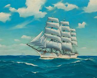 2007
Hunter Wood
(1908-1948)
"Ship 'Tusitala' "
Oil on canvas
Signed with his anchor device, lower right: Hunter Wood; titled on a gallery label affixed to the frame's backing board
30" H x 40" W
Estimate: $600 - $800