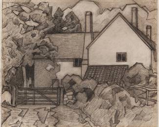 2043
Robert Polhill Bevan
(1865-1925)
"Hart's Farm, Clayhidon, Devon," circa 1917
Pencil and charcoal on laid paper
With the artist's black RPB monogram ink stamp (not in Lugt) in the lower right margin corner; titled and dated on various labels affixed to the frame's backing board
Image: 8.5" H x 10" W; Sheet: 11.625" H x 13" W
Estimate: $1,500 - $2,000