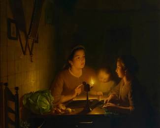 2165
Johannes Rosierse
(1818-1901)
"The Lesson"
Oil on panel
Signed lower left: J Rosierse; titled on the frame plaque
13.75" H x 11.25" W
Estimate: $1,000 - $1,500