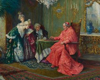 2193
19th Century Italian School
"Holding Court with the Cardinal"
Oil on canvas laid to canvas
Signed lower left: Luini; titled on a label affixed to a portion of the frame's backing paper
15.75" H x 23.625" W
Estimate: $700 - $900