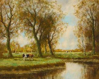 2048
Willem Hendriks, Jr.
(1888-1966)
Pastoral landscape with cows
Oil on canvas
Signed lower left: W. Hendriks
10" H x 12" W
Estimate: $500 - $700