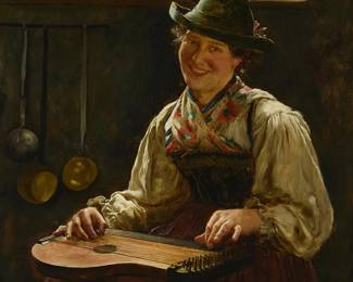 2096
Emil Rau
(1858-1937)
Portrait of a seated woman strumming a zither, 1888
Oil on canvas laid to canvas
Signed and dated upper left: E. Rau / 88.
33" H x 22.5" W
Estimate: $700 - $900