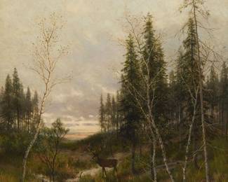 2088
Wladimir Jettel
(1843-1910)
German wooded landscape with a deer by a stream
Oil on canvas
Signed and inscribed lower right: W. Jettel / Berlin
27" H x 18.5" W
Estimate: $600 - $800