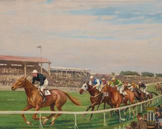 2160
John Sanderson-Wells
(1872-1955)
"Hyperion Derby Winner 1933"
Oil on canvas laid to canvas
Signed lower right: JS Sanderson-Wells; titled on the frame plaque
12" H x 20" W
Estimate: $500 - $700