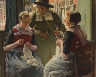 2138
Walter MacEwen
(1860-1943)
"Gossiping"
Oil on canvas
Signed lower right: MacEwen; signed again and titled in ink on a label affixed to the strainer
22" H x 19.5" W
Estimate: $3,000 - $5,000