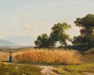 2111
Albert August Zimmerman
(1808-1888)
Figure in a pastoral German landscape
Oil on panel
Signed lower left: Albert Zimmermann
9.5" H x 19" W
Estimate: $800 - $1,200