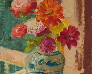 2037
Arthur Grunewald
(1887-1943)
Floral still life in a blue and white vase
Oil on canvas
Signed lower left: Grunewald
26" H x 21.5" W
Estimate: $600 - $800