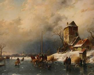 2078
Hendrik Barend Koekkoek
(1849-1909)
Figures in a Dutch winter scene
Oil on canvas laid to Masonite
Signed lower right: H.B. Koekkoek.
30" H x 25" W
Estimate: $800 - $1,200