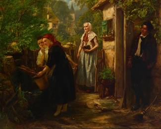2139
Carl Hubner
(1814-1879)
Figures in a garden, 1870s
Oil on canvas laid to waxed canvas
Signed and partially illegibly dated lower right: Carl Hubner 187[*]
33.25" H x 42.25" W
Estimate: $2,000 - $3,000
