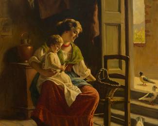 2136
Giuseppe Magni
(1869-1956)
Feeding the doves, 1936
Oil on canvas laid to canvas
Signed and dated lower left: G. Magni / 1936
28" H x 20" W
Estimate: $2,500 - $3,500