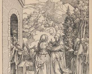 2180
Albrecht Dürer
(1471-1528)
"The Visitation," from "The Life of the Virgin," circa 1503-04
Woodcut on laid paper with a small indistinct watermark, possibly initials ML
A Meder c-d (or later) impression, printed sometime after the 1511 Latin text edition
Signed with the artist's monograph in the block at lower center: AD
Image: 11.75" H x 8.375" W; Sheet: 13.875" H x 10" W
Estimate: $1,000 - $1,500