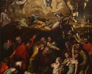 2173
In the manner of Raffaello Sanzio da Urbino Raphael
(1483-1520)
"Design for 'The Transfiguration' "
Oil on canvas laid to canvas
Unsigned; titled in another hand on the stretcher
39" H x 27.5" W
Estimate: $4,000 - $6,000