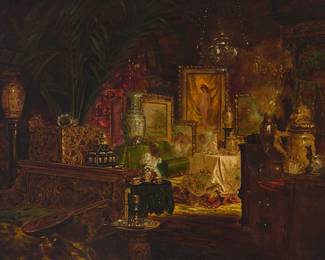 2140
Carl Kahler
(1855-1906)
The artist's studio
Oil on canvas
Signed lower right: Carl Kahler
30" H x 40" W
Estimate: $4,000 - $6,000