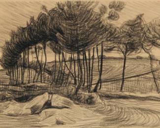 2070
Robert Polhill Bevan
(1865-1925)
"Poplars," circa 1891-94
Conte crayon on tan paper
With the artist's black ink monogram stamp, verso: RPB (not in Lugt); titled and dated on a label affixed to the frame's backing board
Image: 10" H x 14" W; Sheet: 12.875" H x 15.625" W
Estimate: $800 - $1,200
