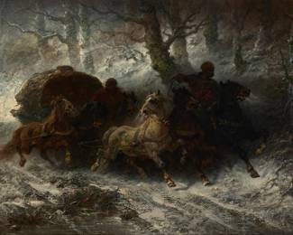 2084
Adolph Schreyer
(1828-1899)
"Wallachians in the Snow"
Oil on canvas laid to canvas
Signed lower right: ad Schreyer; titled by repute
28" H x 39.75" W
Estimate: $5,000 - $7,000