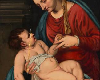 2185
In the manner of Peter Paul Rubens
(1577-1640)
Madonna and Child (Isabella Brant and Albert, wife and son of Rubens, as models), circa 1615
Oil on cradled wood panel
Appears unsigned
31" H x 24.75" W
Estimate: $4,000 - $6,000