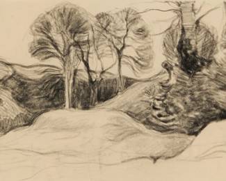 2072
Robert Polhill Bevan
(1865-1925)
"Landscape, Brittany," circa 1894
Charcoal on folded cream paper
With the artist's black ink monogram stamp (not in Lugt) in the lower right corner, verso; titled and dated on a gallery label affixed to the frame's backing board
Sheet (folded): 11.375" H x 17.625" W; Sheet (overall): 22.625" H x 17.625" W
Estimate: $700 - $900