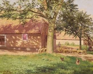 2050
Frans De Bruyn
(1867-1943)
Farmyard scene with shepherd and flock
Oil on canvas
Signed lower left: Frans De Bruyn
17.25" H x 23.15" W
Estimate: $600 - $800