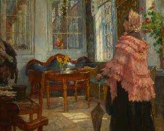 2029
Gotthardt Kuehl
(1850-1915)
Woman with parasol and ruffled cloak standing in a sunroom
Oil on panel
Signed lower right: Gotth. Kuehl
32" H x 22.25" W
Estimate: $5,000 - $7,000