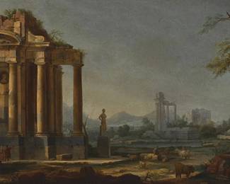 2128
Francesco Fernandi
(1677-1740)
Roman ruins
Oil on canvas laid to canvas
Unsigned
29" H x 50.5" W
Estimate: $5,000 - $7,000
