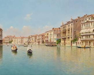 2131
Rafael Senet y Pérez
(1856-1926)
Venetian canal
Oil on canvas
Signed lower left: Rafael P. Senet; inscribed in pencil, partially indistinctly and likely in another hand, verso: "Uncle ***** / died Jan 1915 / Aunt Nan / ***** / CEA / Feb 1915"
13.75" H x 24.75" W
Estimate: $2,000 - $3,000