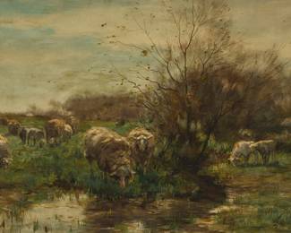 2052
Willem Steelink
(1826-1913)
Sheep grazing in a pastoral landscape
Watercolor and gouache on paper
Signed lower right: Wilm Steelink
Sight: 23.75" H x 38" W
Estimate: $600 - $800