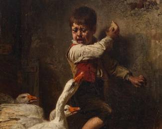 2059
Toby Edward Rosenthal
(1848-1917)
A young boy frightened by geese, 1877
Oil on canvas laid to canvas
Signed, dated, and inscribed lower right: Toby E. Rosenthal / Munich 1877
19.25" H x 12.25" W
Estimate: $1,500 - $2,500