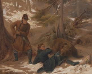 2122
François-Auguste Biard
(1799-1882)
The bear hunters, 1852
Watercolor and gouache on paper
Signed and dated lower right: Françoise-Auguste Biard / 1852
Sight: 6.75" H x 7.875" W
Estimate: $600 - $800
