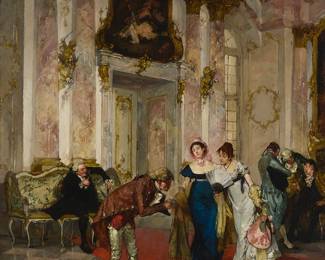 2025
19th Century Continental School
Figures in a ballroom
Oil on cradled panel
Signed indistinctly lower right
31" H x 23.25" W
Estimate: $500 - $700