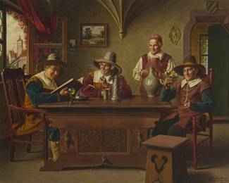 2099
Emil Kuhlmann-Reher
(1886-1957)
Tavern scene, 1944
Oil on canvas
Signed, dated, and inscribed lower right: E. Kuhlmann-Reher / München-Brannenburg / 1944
31.5" H x 39.5" W
Estimate: $600 - $800