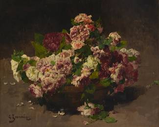 2020
Georges Jeannin
(1841-1925)
"Bouquet de Roses"
Oil on artist's board
Signed lower left: G. Jeannin.; titled on a gallery label affixed verso
25.5" H x 31.375" W
Estimate: $1,000 - $1,500