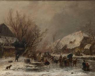 2080
Adolf Stademann
(1824-1895)
Winter village scene
Oil on canvas laid to canvas
Signed lower right: Adolf Stademann
32" H x 44.5" W
Estimate: $1,000 - $1,500