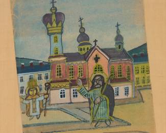 2182
Nikifor Krynicki
(1895-1968)
Orthodox church
Watercolor and gouache on paper
Signed and inscribed along the lower image/sheet edge: Nikloor [sic]/ "STARYPCMIARSWIETY"
Image/Sheet: 7.5" H x 5.75" W
Estimate: $500 - $700