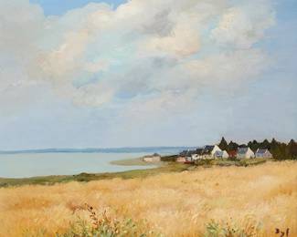 2005
Marcel Dyf
(1899-1985)
"Le Village de Lasné" (Morbihan), 1976
Oil on canvas
Signed lower right: Dyf; the artist's copyright ink stamp, including a partially stamped/partially hand-written number 1976, and hand-written initials F.R and SH[*] on the center stretcher; titled, directly preceded by "No. 669," and also numbered "45965," on a label formerly affixed to the lower stretcher but now secured to the frame's backing board; a large, only partially legible number [6?]69 hand-written in blue pencil on the upper stretcher
23.5" H x 28.625" W
Estimate: $6,000 - $8,000