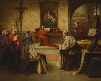 2192
Richard Linderum
(1851-1926)
"Ave Maria"
Oil on canvas
Signed and inscribed lower right: Rich. Linderum. München; signed again (twice), and titled (twice), once on the stretcher, and once on a paper label affixed to the verso of the frame
28.25" H x 43.5" W
Estimate: $1,000 - $1,500