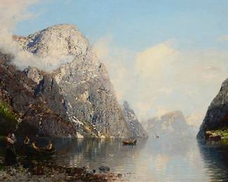 2083
Anton Rasmussen
(1842-1914)
Norwegian fjord with figures
Oil on canvas laid to canvas
Signed lower left: A. Rasmussen
27" H x 39.5" W
Estimate: $2,000 - $3,000