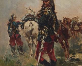 2119
Alphonse-Marie-Adolphe de Neuville
(1835-1885)
"Cavalry Officer"
Oil on panel
Signed lower right: A de Neuville; titled on a label affixed to the frame's verso
5" H x 3.5" W
Estimate: $800 - $1,200