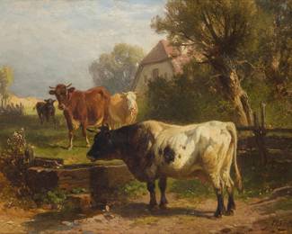 2055
Freidrich Voltz
(1817-1886)
Cows at pasture
Oil on cradled panel
Signed lower right: F. Voltz
6.5" H x 8.5" W
Estimate: $700 - $900
