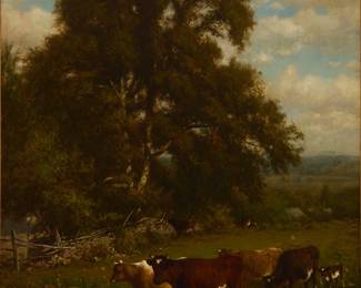 2069
James McDougal Hart
(1828-1901)
"A Summer Day"
Oil on canvas laid to canvas
Signed lower left: James M. Hart; titled on the frame plaque
32.25" H x 23.25" W
Estimate: $2,000 - $3,000