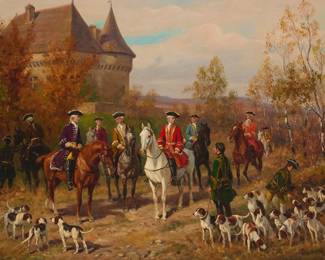 2155
Raymond Desvarreux
(1876-1961)
"Le Depart pour la chasse a courre," 1920
Oil on Masonite
Signed lower right: Raymond Desvarreux; titled and dated on a typed label taped to the frame's verso
21.25" H x 28.75" W
Estimate: $500 - $700