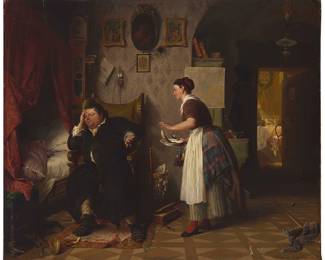 2107
Peter Baumgartner
(1834-1911)
Interior scene with man and woman, 1870
Oil on canvas
Signed, dated, and inscribed lower right: P. Baumgartner. München 1870
30" H x 36.75" W
Estimate: $1,200 - $1,800