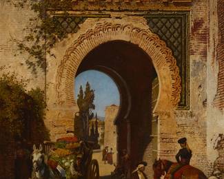 2126
Alexander von Wagner
(1838-1919)
Figures, horse and cart near a Moorish gate, possibly the Alhambra, Granada, Spain
Oil on canvas
Signed with coinjoined initials lower right: AWagner
39.5" H x 27.5" W
Estimate: $800 - $1,200