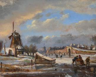 2080
Adolf Stademann
(1824-1895)
Winter village scene
Oil on canvas laid to canvas
Signed lower right: Adolf Stademann
32" H x 44.5" W
Estimate: $1,000 - $1,500