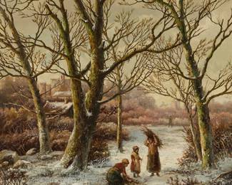 2079
Nicolaas Johannes Roosenboom
(1805-1880)
"View at Haarlam"
Oil on panel
Signed lower right: N.J. Roosenboom; titled "View at Haarlam" [sic] on a partially faded label affixed verso; alternatively titled "Haarlem in Winter" on the frame plaque
7" H x 9.875" W
Estimate: $1,000 - $1,500