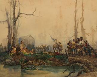 2121
Cesare Auguste Detti
(1847-1914)
Cavalier encampment
Watercolor and graphite on paper
Signed lower right: C. Detti
Sight: 24.5" H x 38.75" W
Estimate: $300 - $500