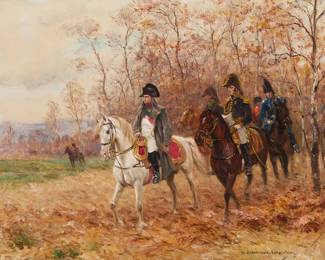 2120
James Desvarreux-Larpenteur
(1847-1937)
Napoleon on horseback
Oil on canvas
Signed lower right: J. Desvarreau-Larpenteur
15" H x 18.25" W
Estimate: $1,000 - $2,000