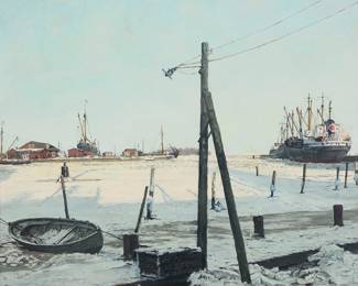 2008
Ole Ring
(1902-1972)
"Fra Bandholm Havn" (Denmark), 1963
Oil on canvas
Signed and dated lower left: Ole Ring 1963; dated again and titled on the stretcher
18.75" H x 21.75" W
Estimate: $800 - $1,200