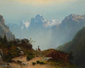 2087
Eugen Kruger
(1832-1876)
Alpine landscape with deer
Oil on canvas
Signed and inscribed lower right: Eugen Kruger / Hamburg
11.5" H x 17.125" W
Estimate: $800 - $1,200
